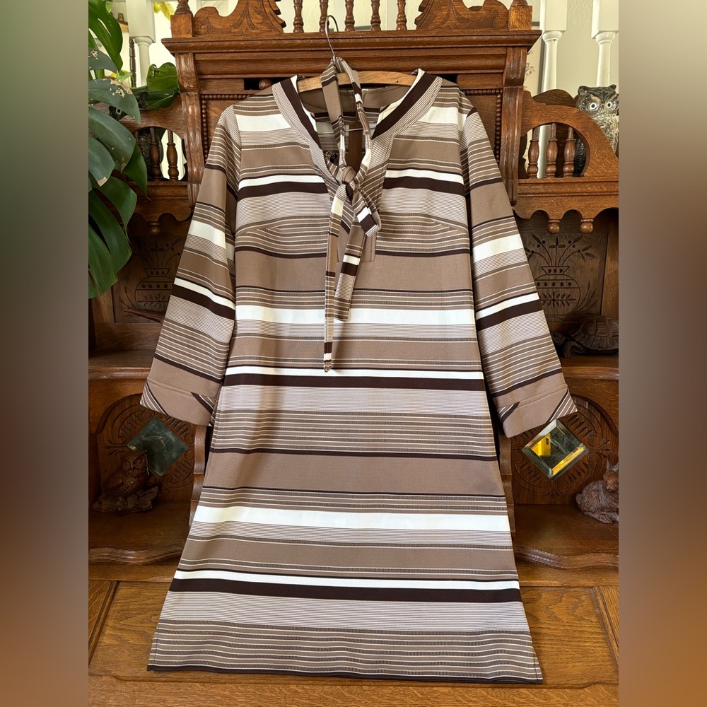 Vintage 70s Retro Striped Brown and Cream Dress Size Medium Large